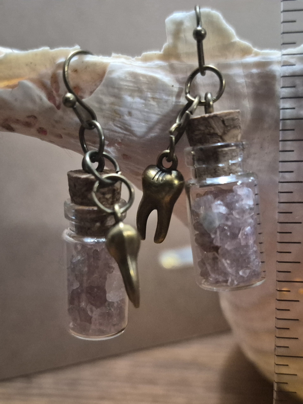 Handmade Rose Quartz Crystal Vial Earrings with Antique Brass Tooth Charm